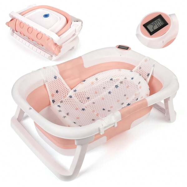 Groß Faltbare Babywanne Mit Badematte & Integriertem Thermometer, Ergonomisch, Platz Sparend, Tragbar für Babys Von 0-36 Monaten