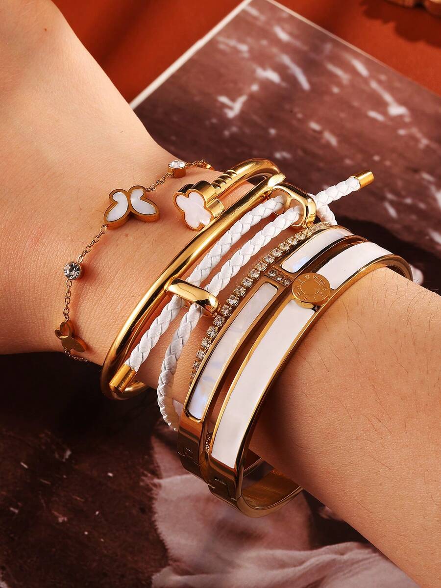 1 件时尚不锈钢蝴蝶手链钉子手镯配 PU 铜编织腕带首饰套装，适合女性日常佩戴，防水，适合海滩和度假村 - 查看 1