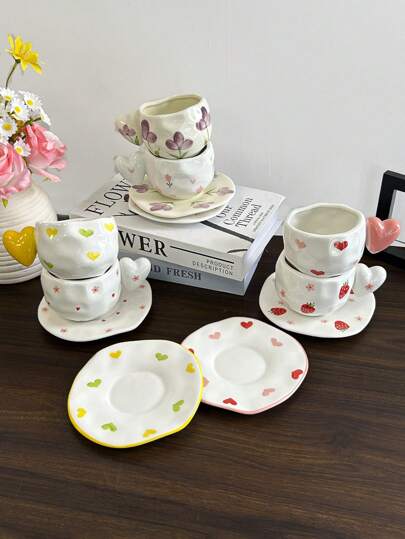 1set INS Style Ceramic Heart & Flower Decor Coffee Cup & Saucer, 3D Heart Handle Cup, Breakfast Milk Cup, Home Afternoon Tea Coffee Cup, Latte Art Cup, Juice Drink Cup, Couples Water Cup, Holiday Gift Mug