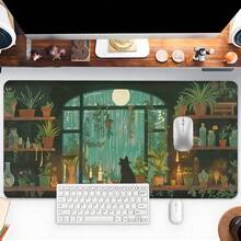 Black Cat Gaming Mouse Pad Retro Plants Mousepads Extended Large Desk Mat With Stitched Edge Non-Slip Rubber Base Desk Accessories For Home Office Decor Desk Pad 35.4x15.7 Inch Perfect Gift For Men Women - Multicolor - View 1
