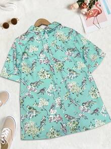 女士常规袖鸟花卉印花纽扣衬衫，无弹力涤纶面料，春夏款 - 彩色 - 查看 3