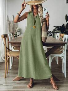 Vestido Longo Simples Sem Mangas de gola V para com colete, vestidos soltos sem mangas retrô de verão - Verde - Visão 7