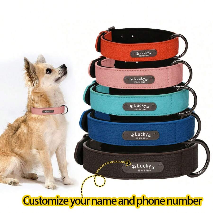 Personalized Engraved Genuine Leather Dog Collar (Leash Optional), Soft Padding, Textured Leather, Suitable For Small, Medium, Large Dogs - Multicolor - View 1