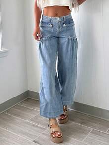 Quần jeans nữ ống đứng dáng rộng, thời trang, cá tính, phong cách đường phố, tiện dụng, có xếp ly và túi trước. - Rửa trung bình - Xem 2