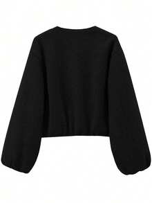 女士棒球夹克飞行员夹克街头风格圆领落肩灯笼袖拉链开衫外套，秋冬 - 黑色 - 查看 6