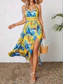 Tropical Print V-Neck Lace Dress, Thigh Slit Summer Dress With Spaghetti Straps - 黃色 - 查看 2