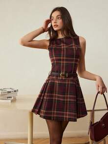 Women's Elegant Plaid Pleated Sleeveless Dress, Suitable For Work Commute, No Belt - 紅格子 - 查看 4