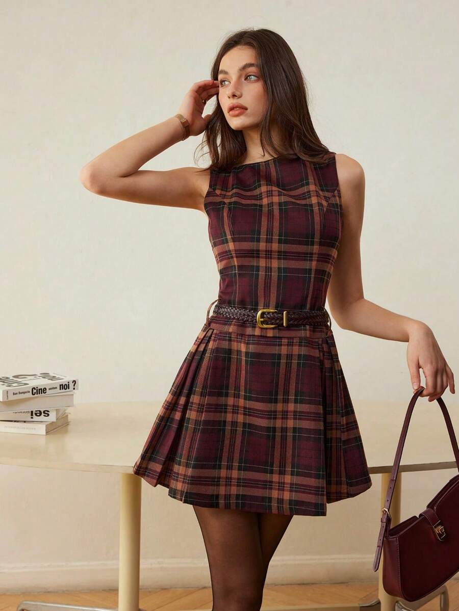 Women's Elegant Plaid Pleated Sleeveless Dress, Suitable For Work Commute, No Belt - 紅格子 - 查看 1
