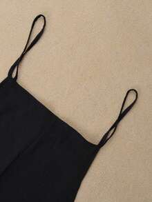 Plus 女士纯色肩带连体裤阔腿裤 - 黑色 - 查看 3