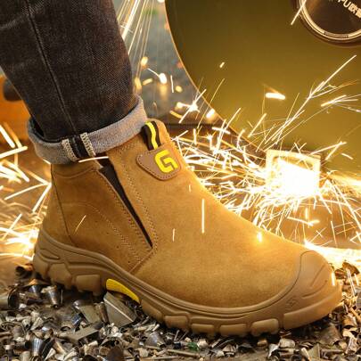GUYISA Scarpe casual da lavoro di media altezza marroni, con punta di sicurezza, resistenti alla perforazione, antiscintilla, resistenti al calore, morbide e durevoli, adatte per i lavoratori della saldatura in tutte le stagioni