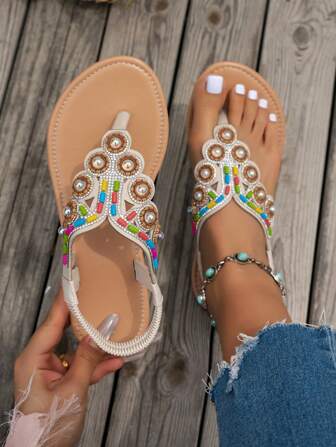 New Bohemian Rhinestone Decorated Flat Toe Ring Sandals, Women Comfortable Fashion Beach Flat Sandals
