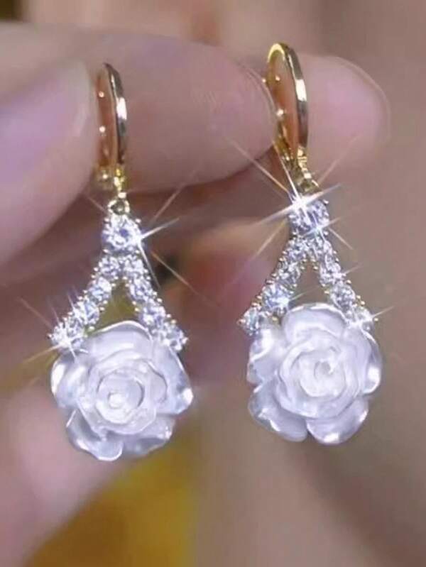 1 Pair Fashionable Camellia Flower Tassel Earrings, High-End Cubic Zirconia Hoop Earrings