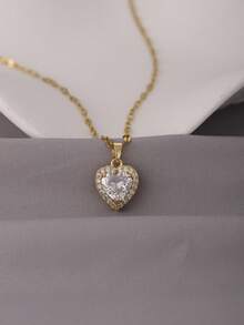 1pc Elegant Heart Copper Pendant Necklace, Heart Shape Necklace, Cubic Zirconia, Stainless Steel Chain, Summer Jewelry Gift For Girls And Women - Multicolor - View 5