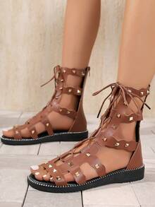 Women's Flat Roman Sandals, Fashionable Lace-Up Flat Sandals, Rubber Sole, Rivet Design - Brown - View 3