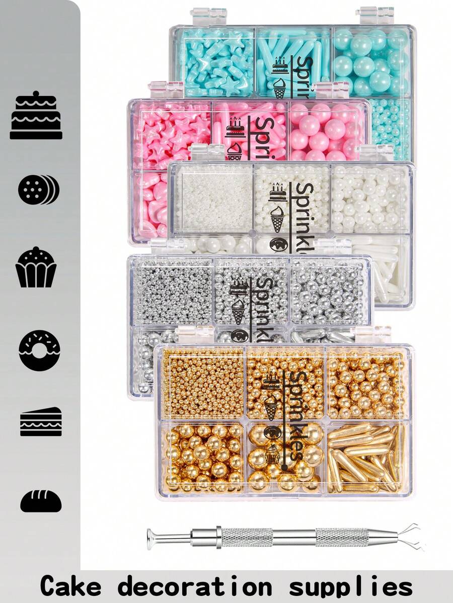 Edible Cake Decorating Sprinkles, Gold & White Pearl Candy, 6-Grid Gift Box Packaging, For Birthday Cakes, Donuts, Cookies, Chocolates, Ice Cream, Christmas, Halloween, Valentine's Day, Birthdays, Mother's Day, Weddings - Multicolor - View 1