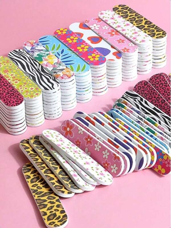 50 piezas Kit de herramientas de lima para uñas de varios colores, lima de uñas de 7 lados con estampado de leopardo, lima de borde de uña, bloque de lijado y moldeado de uñas, adecuado para principiantes y salones de uñas