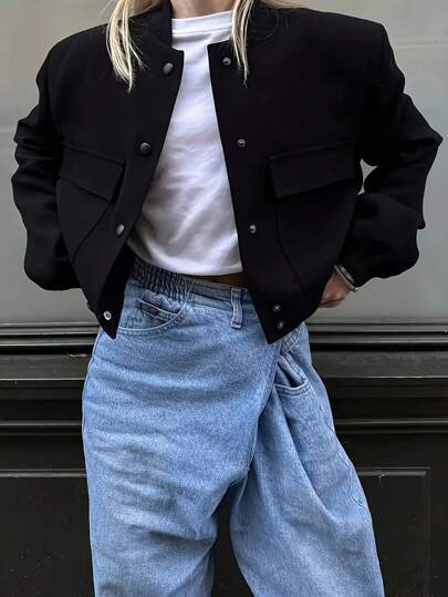 Stylish Women's Long Sleeve Short Jacket, Black Woven Fabric, Baseball Collar, With Flap Pockets, Fashionable Outerwear