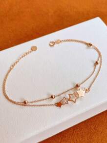 1 pieza Pulsera de cadena de doble capa con estrella de cinco puntas de zirconia cúbica elegante de plata esterlina S925 original, adecuada para uso diario, festivales, fiestas, regalo de joyas para mujeres
