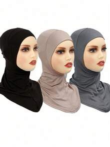 3pcs Women Set Solid Color Elastic Chin Coverage Hat Veil Scarf, Hijab Undershirt Abaya Outfit Suitable For Daily Wear - Multicolor - View 3