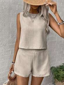 Conjunto mujer de 2 piezas: top sin mangas con cuello redondo y espalda descubierta + short mujer casual de moda - Caqui - Ver 5