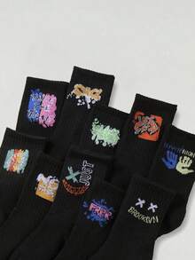 10 Pairs Random Graffiti Pattern Children's Socks, Black, Suitable For Daily Wear, Unisex - Multicolor - View 7