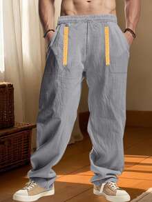 Men's Drawstring Linen Pants With Pockets Stylish Geometric Embroidery Casual Mid Rise Wide Leg Trousers For All Seasons - Grey - View 3