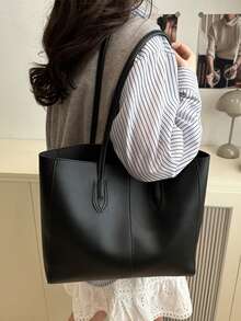 简约别致的 PU 皮革手提包，奢华小众设计，高品质感觉 - 黑色 - 查看 6