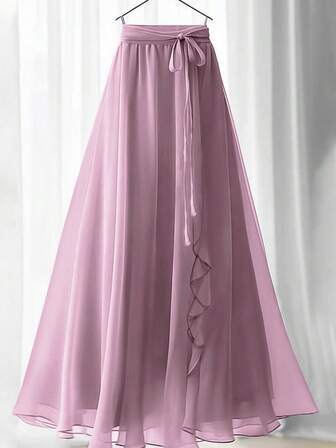 Women's Elegant Solid Color Ruffled Waist Tie Maxi A-Line Skirt
