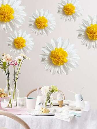 White & Yellow Daisy Paper Tissue Pom Pom Party Decoration, Suitable For Birthday, Wedding, Bridal Shower, Classroom Decorations, Paper Fans