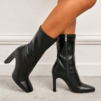 Damenstiefel mit eckiger Zehenpartie und hohem Absatz - Kurze Stiefel mit seitlichem Reißverschluss - Kurze Damenstiefel - Absatzhöhe 10 cm - Damenschuhe aus PU - Damen-High-Heels