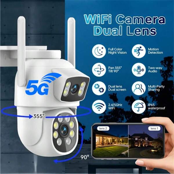 Caméra extérieure à double objectif 5G WiFi 4MP (2MP+2MP) Super HD Pixels, indice de protection IP65 étanche, caméra IP PTZ WiFi, double objectif double écran, audio bidirectionnel, suivi automatique, surveillance vidéo et audio CCTV