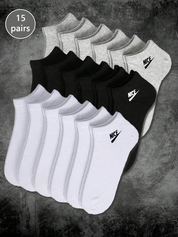 15 Pairs Men's Minimalist Breathable Casual Boat Socks, Classic Solid Black/White/Grey Short Socks, Suitable For All Seasons