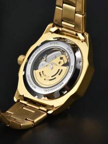 LONGLUX 1pc Men's Hollow Mechanical Wrist Watch, Casual Steel Band Waterproof Watch