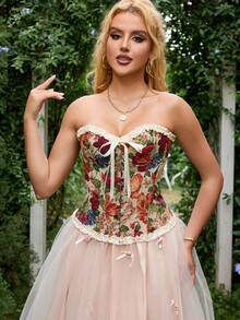 1pc Women's New Vintage Style Tight Bustier Lace Trim Carnation Floral Jacquard Boned Supportive Waist Cincher Corset Camisole, Casual Sexy Lace-Up Back Palace Style Shapewear Top, Suitable For Daily Wear Or Party Matching - Apricot - View 6