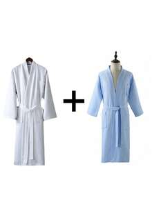 1pc Solid Color Waffle Woven Shawl Collar Bathrobe, Casual Loungewear, Made Of Soft Absorbent , For Bathroom, Bedroom, Pool Back To School