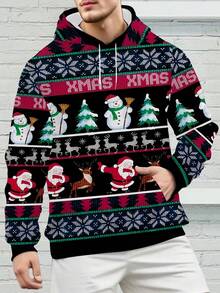Sudadera con capucha de manga larga con estampado novedoso en 3D de Navidad para hombres, sudadera con capucha de otoño/invierno para hombres con cordón y bolsillos - Multicolor - Ver 4