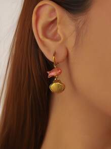 1 Pair Of Gold-Plated Cartoon Stainless Steel Small Fish Accessory Pendant Long Hanging Scallop Women's Earrings