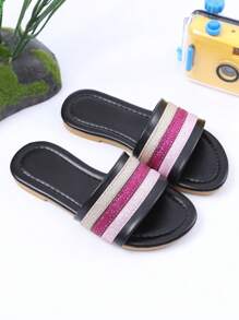 1 Pair Summer Kids Open Toe Flat Sandals With 3-Stripe Decor, Casual & Fashionable, Girls Beach/Holiday Shoes