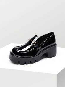 Women Platform Loafers Chunky Heel Pumps Slip On Lug Sole Fashion Black Patent Loafers With Metal Casual Office Business Dressy Shoes - 蒙特內哥羅 - 查看 5
