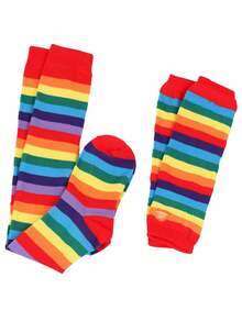 1 Set Knitted Rainbow Striped Leg Warmers & Gloves Set, Fashionable Creative Style, Skin-Friendly & Soft, Fits Teens & Women, Suitable For All Seasons - Multicolor - View 11