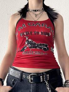 Women's Y2K Baddie Vintage Letter Print Halter Top Streetwear - Red - View 3