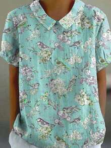 女士常规袖鸟花卉印花纽扣衬衫，无弹力涤纶面料，春夏款 - 彩色 - 查看 1