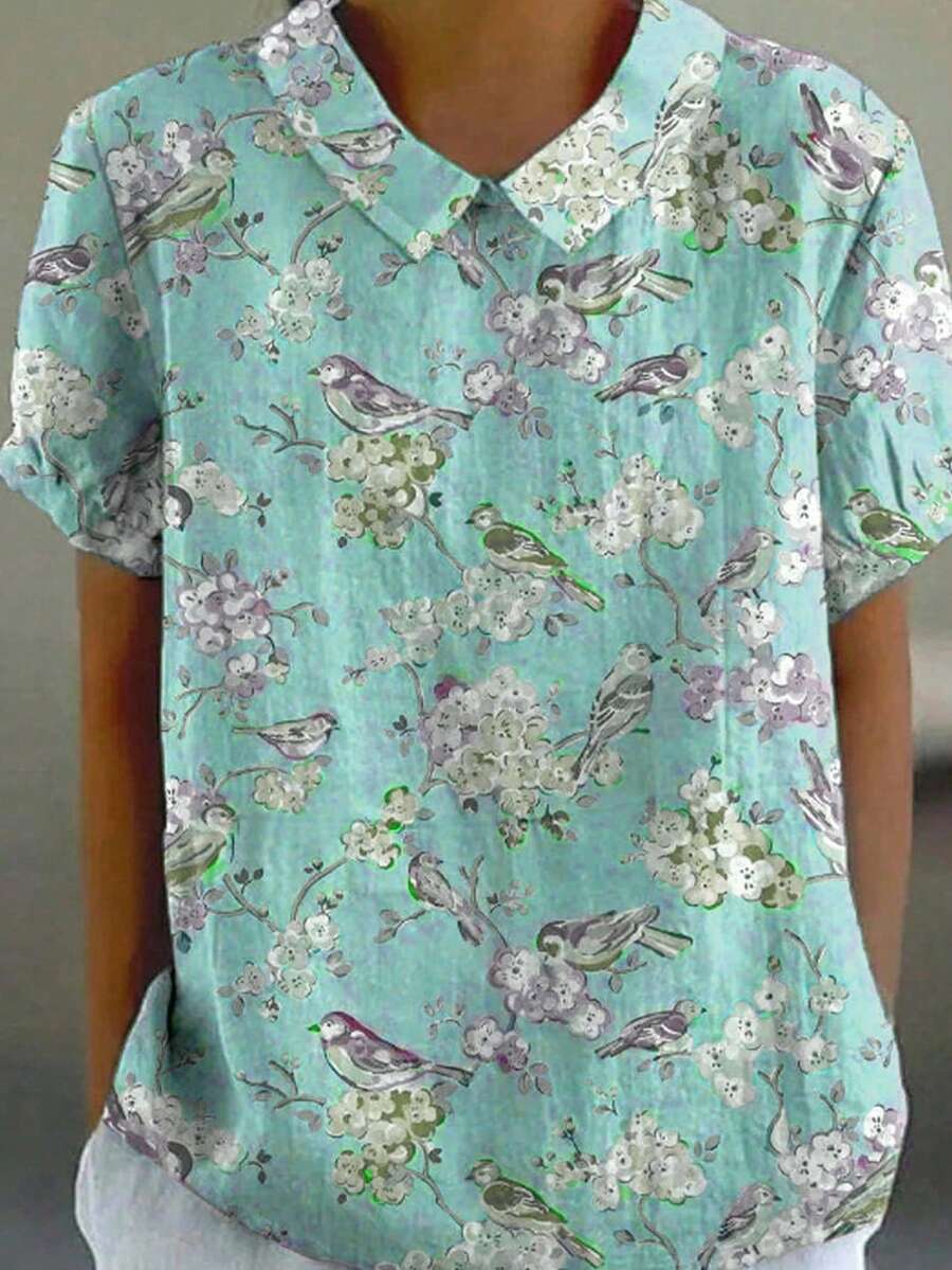 女士常规袖鸟花卉印花纽扣衬衫，无弹力涤纶面料，春夏款 - 彩色 - 查看 1