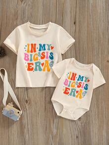 Conjuntos a juego para hermanas hermana mayor y hermana menor para niñas, ropa de verano: mono/camiseta de manga corta con estampado de letras. - Beis - Ver 6