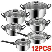 12PCS Stainless Steel Cookware Saucepan Set Pan Pot Kitchens Cooking Glass Lid UK - Silver - View 1