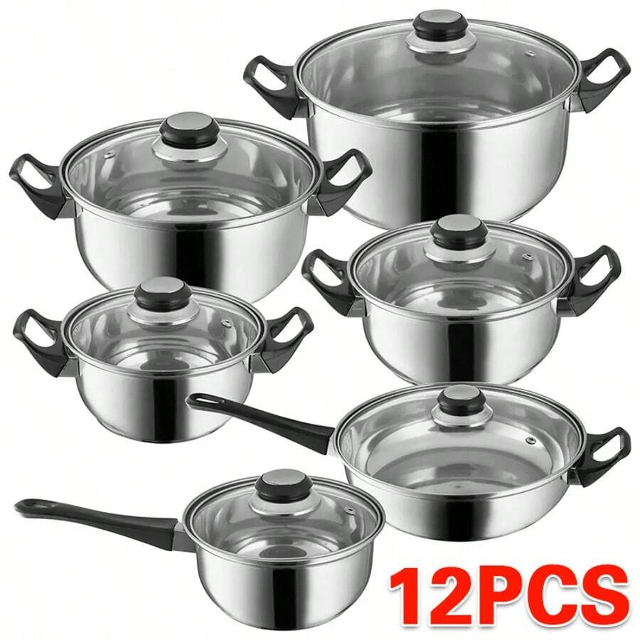 12PCS Stainless Steel Cookware Saucepan Set Pan Pot Kitchens Cooking Glass Lid UK - Silver - View 1