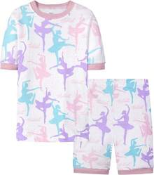 Girls Pure Cotton Summer Pjs Size 2T-14Years, Little Girls Short Sleeve 4-Piece Sleepwear Kids Toddler Pajamas Set - 漂亮的芭蕾舞女孩 - 查看 2