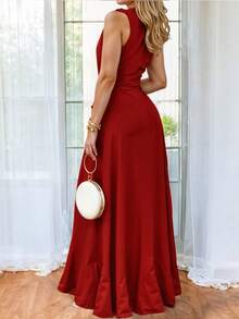 Vestido Largo de Hombros Descubiertos con Escote en V Profundo y Volantes Delicados con Abertura Lateral Alta en Pierna y Cinturón Ajustable Elegante para Mujer - Rojo - Ver 4