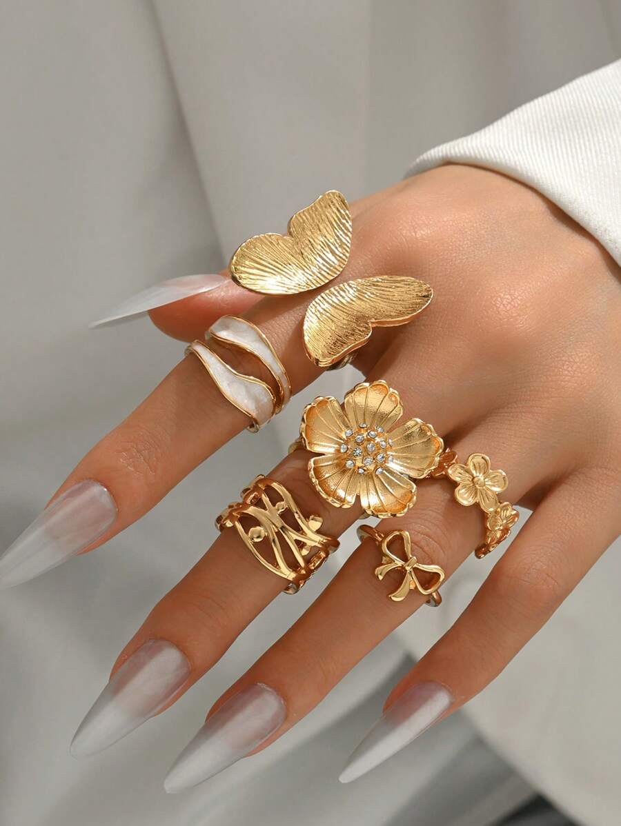 Set de 6 anillos de metal vintage con diseño de mariposa y flor esmaltada en blanco, diseño lindo y elegante de lazo, anillos apilables/de nudillo, aptos para usar diariamente, citas, reuniones y fiestas para mujeres