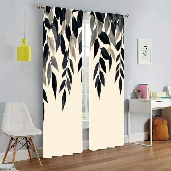 2pcs High-Quality Printed Curtains 100% Polyester Black And White Leaf Pattern Modern Design For Living Room Bedroom Study Various Scenes